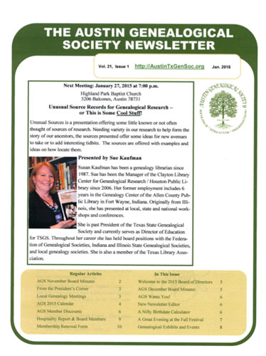 2016 Winner Austin Genealogical Society newsletter