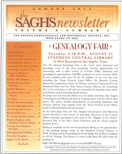 2016 Winner San Angelo Genealogical and Historical Society Newsletter